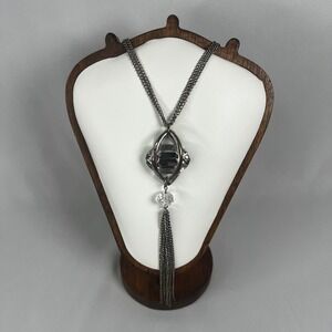 Vintage Silver Tone Statement Necklace Clear Crystal Pendant Stone Chunky Fringe